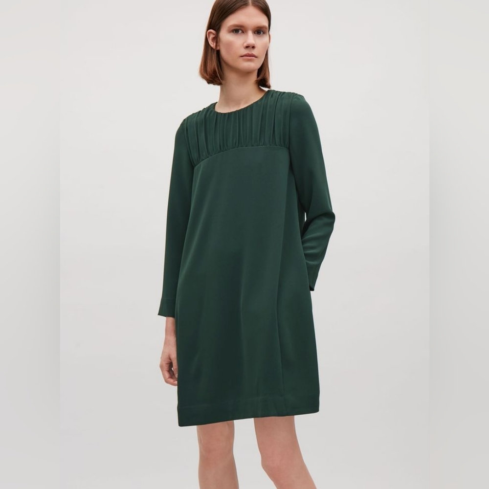 NWOT! COS Forest Green Bib Pleated Cocoon Dress w/Pockets, Size 4